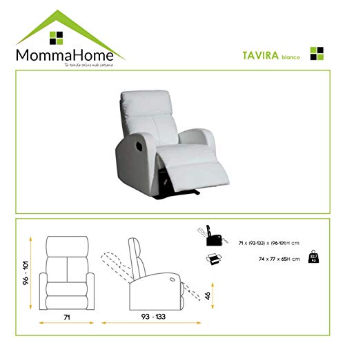 MOMMA HOME Sillón Relax reclinable Med - Modelo TAVIRA - Color Blanco - Material Ecopiel/Metal - Medidas 71 x 93 x 101 cm