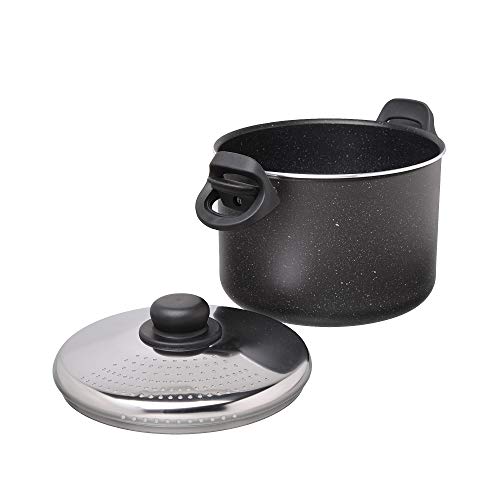 Moneta Etnea, Olla con Tapa de Acero para el drenaje de la pasta, Aluminio, Negro, 22 cm, 4 Litros