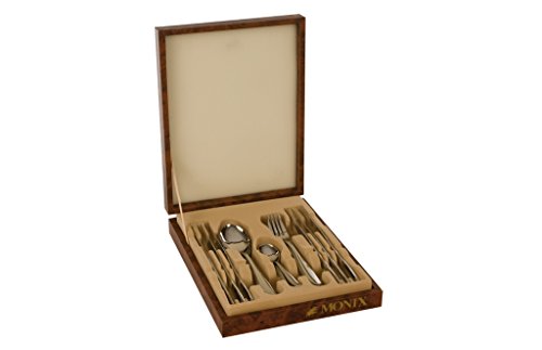 Monix London - Set de cubiertos 24 piezas de acero inox 18/10 con cuchillo chuletero y estuche Nogal, con cuchillo chuletero