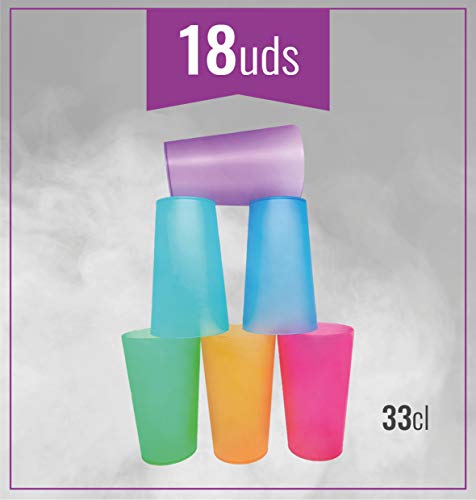 Monteluz - Juego de 18 Vasos de Plástico Reutilizables Duros y Originales - Irrompibles - 330ml Libres de Bpa (Multicolor, 18)