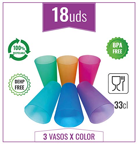 Monteluz - Juego de 18 Vasos de Plástico Reutilizables Duros y Originales - Irrompibles - 330ml Libres de Bpa (Multicolor, 18)