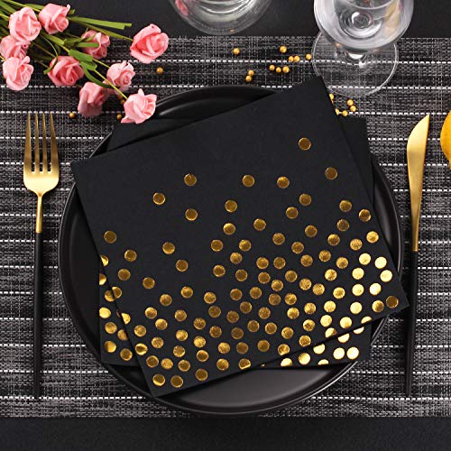 MORGIANA Servilletas negras Servilletas de tela, servilletas de papel Airlaid Servilletas de cóctel desechables para bodas, restaurantes, fiestas | 40 cm x 40 cm Paquete de 50 (negro con oro)