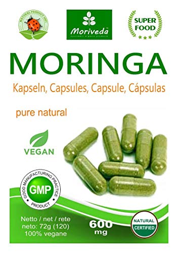 Moringa cápsulas 600mg o Moringa Energia Tabs 950mg - Oleifera, vegetariano, Producto de calidad de MoriVeda (120 cápsulas)