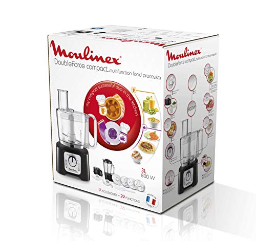 Moulinex FP546810 Robot de Cocina 800 W 2 en 1, Compacto con 6 velocidades, con Vaso y Jarra batidora y Kit Accesorios, 1.25 litros, Negro