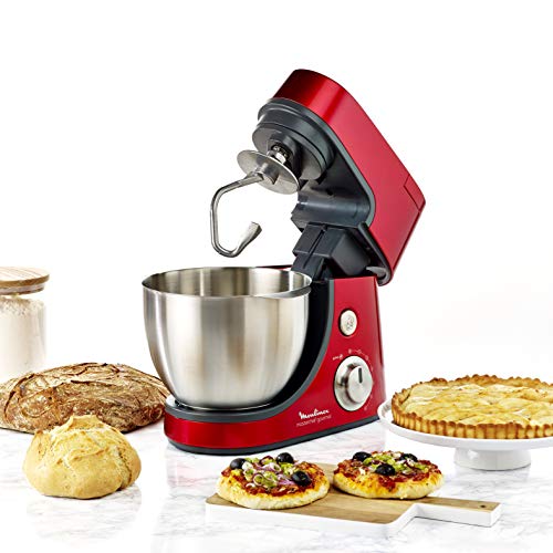 Moulinex Masterchef Gourmet QA502G - Robot Amasador 900 W, con batidora 1,5L, Bol de Acero Inoxidable 4,6L, bate, Corta, ralla, emulsiona y amasa, 6 velocidades, Kit de pastelería, y libro de recetas