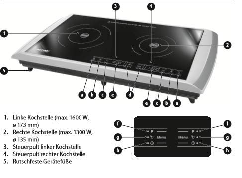 MPM MKE-11 Placa de Inducción portátil Doble, Superficie de Cristal, Control Táctil, 10 Niveles de Potencia, Temporizador, Programable, para sartenes hasta 24cm, 2900 W, 0 Decibeles, Velocidades, Gris