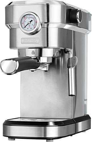 MPM MKW-08M Cafetera Express 20 Bares, para Realizar café Espresso y Cappuccino, vaporizador para espumar Leche, calienta Tazas,Acabado Acero Inoxidable, depósito de Agua 1,2 L Desmontable, 1350W