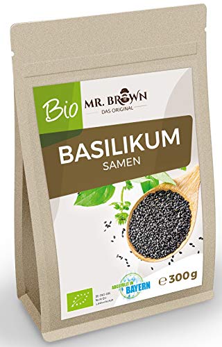 Mr. Brown Bio Semillas de albahaca 300 gr | Semillas de albahaca | sin Gluten | orgánicas | usadas como Semillas de Chia | embotelladas en Baviera