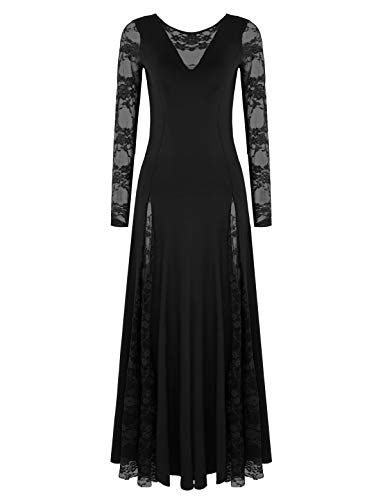 MSemis Vestido Litúrgico Baile Flamenco para Mujer Chica Vestidos Danza Flamenca Falda Larga Manga Encaje Disfraz Bailarina Rendimiento Fiesta Otoño Negro Medium