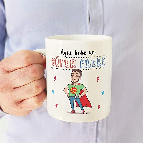 MUGFFINS Taza Papá - Aquí Bebe un Super Padre - Taza Desayuno/Idea Regalo Día del Padre. Cerámica 350 mL