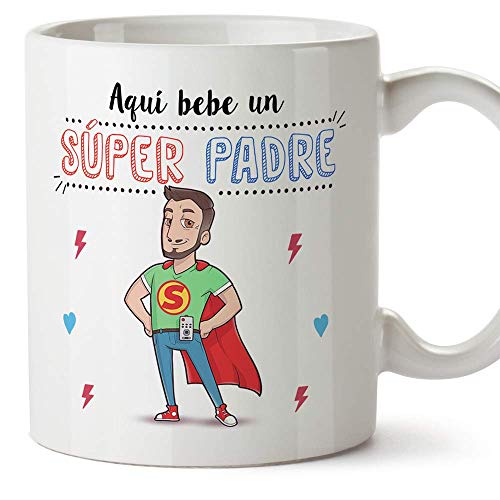 MUGFFINS Taza Papá - Aquí Bebe un Super Padre - Taza Desayuno/Idea Regalo Día del Padre. Cerámica 350 mL