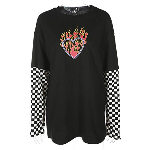 Mujer Camiseta a Cuadros de Manga Larga con Estampado de Corazones llameantes en Blanco y Negro de Damasco con Cuello Redondo y Tops de Cuello Redondo Blusa Camiseta