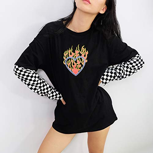 Mujer Camiseta a Cuadros de Manga Larga con Estampado de Corazones llameantes en Blanco y Negro de Damasco con Cuello Redondo y Tops de Cuello Redondo Blusa Camiseta