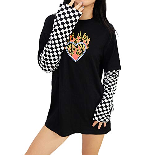 Mujer Camiseta a Cuadros de Manga Larga con Estampado de Corazones llameantes en Blanco y Negro de Damasco con Cuello Redondo y Tops de Cuello Redondo Blusa Camiseta