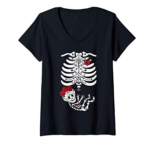 Mujer Camiseta halloween embarazada, catrina, futuras madres Camiseta Cuello V