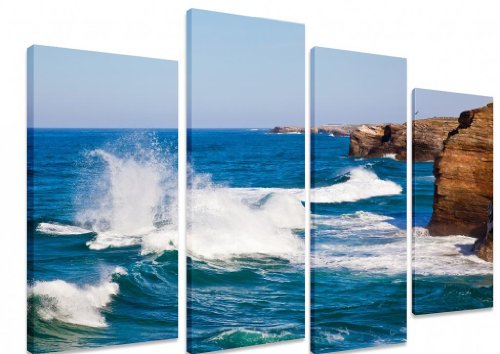 Multi Split Panel arte en lienzo Art – Arcos de piedra alta marea Waves Crashing costeras mar océano azul cielo Cliff – Art Depot Outlet – 4 Panel – 101 cm x 71 cm (40 "x28")