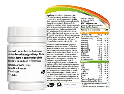 Multicentrum Plus Pfizer, Complemento Alimenticio con 13 Vitaminas, 8 Minerales, Ginseng y Ginkgo Biloba, para Adultos a partir de 18 años - 30 Comprimidos