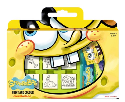 Multiprint Valija 7 Sellos para Niños Spongebob, 100% Made in Italy, Set Sellos Niños Persolanizados, en Madera y Caucho Natural, Tinta Lavable no Tóxica, Idea de Regalo, Art.07862