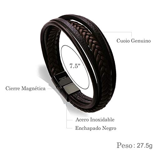 murtoo Pulsera Hombre Cuero Acero Inoxidable Cierre Magnética Negro Cuero Marrón Negro Trenzada Brazalete Marrón 20cm