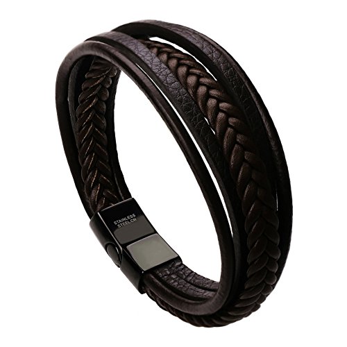 murtoo Pulsera Hombre Cuero Acero Inoxidable Cierre Magnética Negro Cuero Marrón Negro Trenzada Brazalete Marrón 20cm