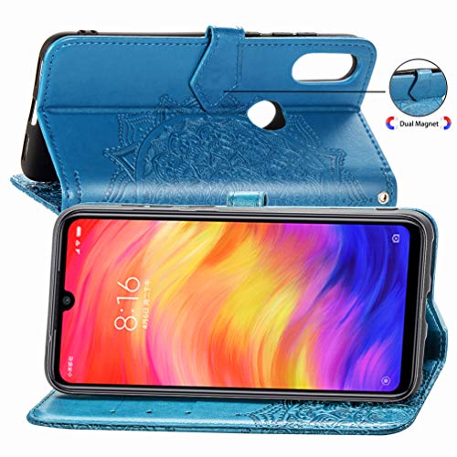 MUSESHOP Funda Xiaomi Redmi Note 7, Estuche de Cuero Estampado Mandala Libro de Cuero con Tapa y Cartera, Carcasa PU Leather con TPU Silicona Case Interna Suave - Azul