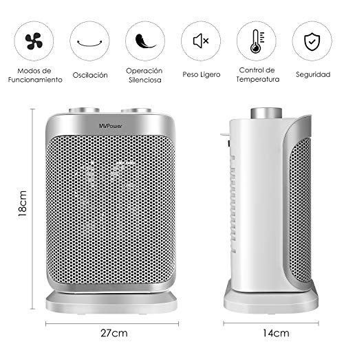 MVPower Calefactor de Cerámica con Ventilador 1500 W, 70 ° Oscilación Conmutable, 3 Modos, Anti-Vuelco y Protección contra Sobrecalentamiento