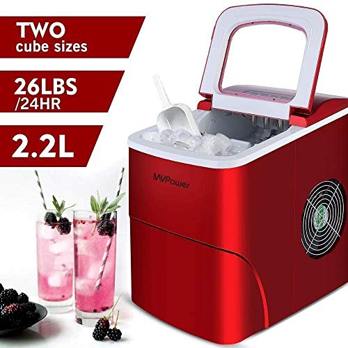 MVPower Máquina para Hacer， Cubitos de Hielo 12 kg， Tiempo de producción 6-8 Minutos， 2 tamaños de Cubitos de Hielo， 80-125 W， depósito de Agua de 2 L，Enlace anhidro， Rojo