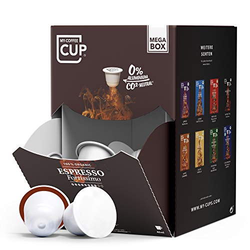 My-CoffeeCup Mega-Box Cápsulas de Café Espresso Fortissimo Orgánico - Granos con Sabor y Aroma - Compatible con Máquina Nespresso®³ - Cápsulas Compostables Industrialmente sin Aluminio - Pack 100