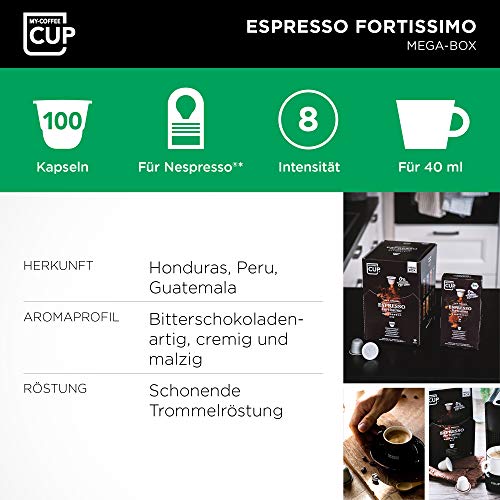 My-CoffeeCup Mega-Box Cápsulas de Café Espresso Fortissimo Orgánico - Granos con Sabor y Aroma - Compatible con Máquina Nespresso®³ - Cápsulas Compostables Industrialmente sin Aluminio - Pack 100