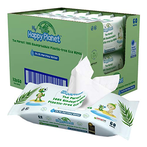 My Happy Planet Toallitas húmedas para bebés 100% biodegradables, sin plástico - 99.9% de agua purificada - sin alcohol - Ecológico - Vegano - Compostable ((12 paquetes, 720 toallitas))
