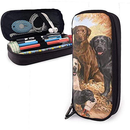 My Pet Dog Family Pintura al óleo Lindo Bolígrafo Estuche de lápices Cuero Gran capacidad Cremalleras dobles Bolsa de lápices Bolsa Bolígrafo Caja 20cm * 9cm * 4cm