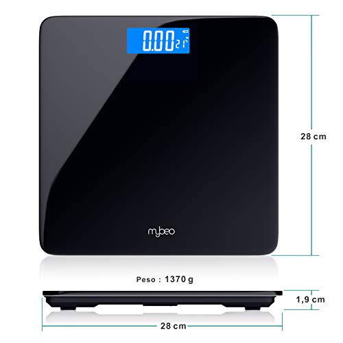 MyBeo - Báscula de baño - Báscula corporal digital - Pantalla LCD - Máx. 180 kg – Kg, libras y stone – Vidrio de seguridad de 6 mm - Antideslizante – Smart Scale - Peso actual y ultimo medido - Negro