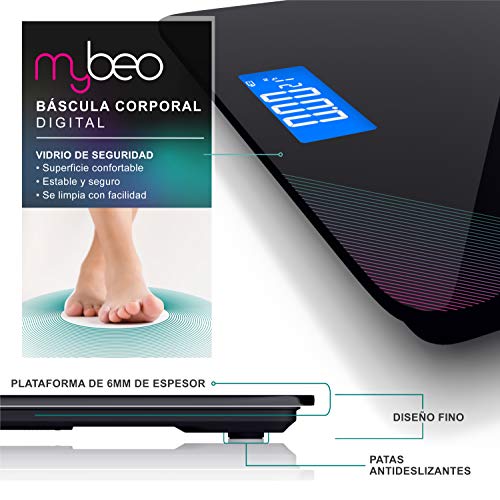 MyBeo - Báscula de baño - Báscula corporal digital - Pantalla LCD - Máx. 180 kg – Kg, libras y stone – Vidrio de seguridad de 6 mm - Antideslizante – Smart Scale - Peso actual y ultimo medido - Negro