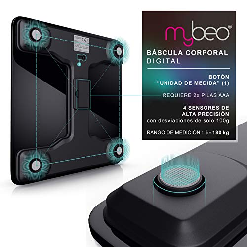 MyBeo - Báscula de baño - Báscula corporal digital - Pantalla LCD - Máx. 180 kg – Kg, libras y stone – Vidrio de seguridad de 6 mm - Antideslizante – Smart Scale - Peso actual y ultimo medido - Negro