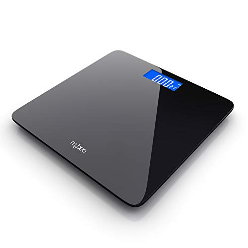 MyBeo - Báscula de baño - Báscula corporal digital - Pantalla LCD - Máx. 180 kg – Kg, libras y stone – Vidrio de seguridad de 6 mm - Antideslizante – Smart Scale - Peso actual y ultimo medido - Negro