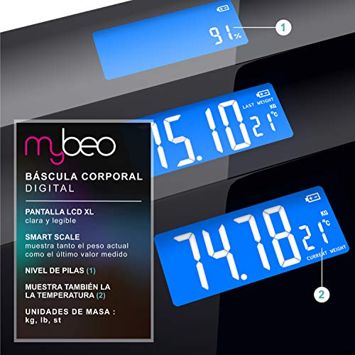 MyBeo - Báscula de baño - Báscula corporal digital - Pantalla LCD - Máx. 180 kg – Kg, libras y stone – Vidrio de seguridad de 6 mm - Antideslizante – Smart Scale - Peso actual y ultimo medido - Negro