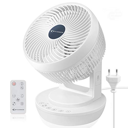 MYCARBON Ventilador Silencioso Ventilador de Mesa con Control Remoto 360° Ventilador de Escritorio con 4 Velocidades Circulación del Aire para 4 Estacionas Portátil Temporizador y Secadora de Ropa