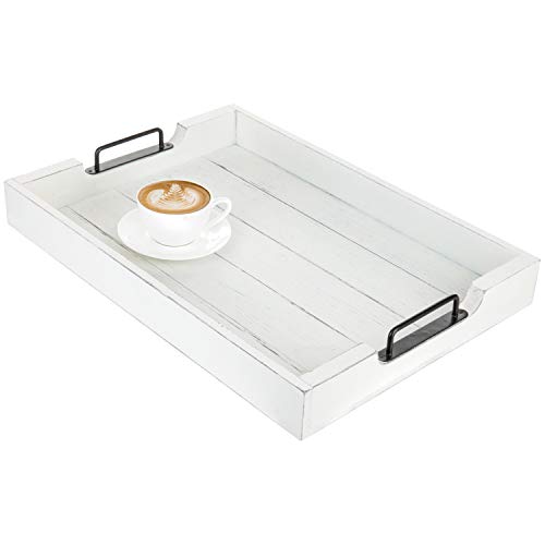 MyGift - Bandeja para servir de madera blanca vintage con asas de metal negro de 50,8 cm