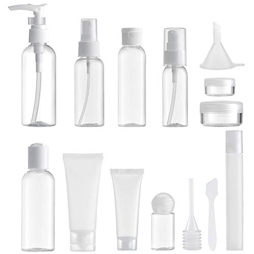 MYLL 14 Piezas Botes para Viaje Vacios (MAX.100ml) Rellenables Set Botellas de Plástico, Kit Viaje Avion para Champu, Cosmetica