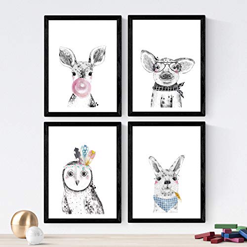 Nacnic Set de 4 láminas de Animales Infantiles con Chicle Rosa Y Gafas,en tamaño A4, Poster Papel 250 gr Marco