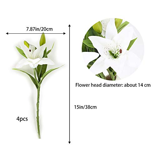 NAHUAA 4Pcs Flores Artificiales Flores Falsas Lirio Artificial Ramos de Novia Blanco Interior al Aire Libre Hogar Cocina Mesa de Comedor Sala de Estar