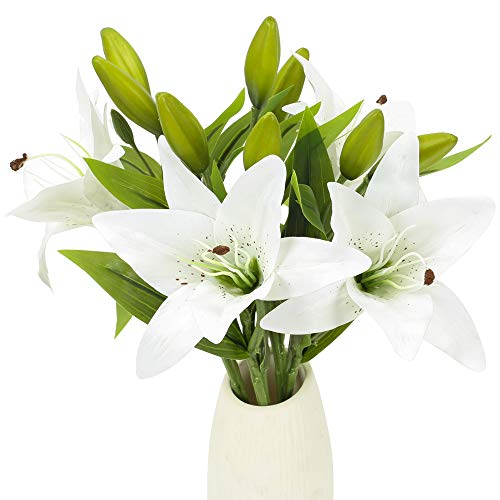 NAHUAA 4Pcs Flores Artificiales Flores Falsas Lirio Artificial Ramos de Novia Blanco Interior al Aire Libre Hogar Cocina Mesa de Comedor Sala de Estar