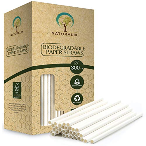 Naturalik Paquete de 300 pajitas de papel blanco biodegradables sin tinte – Pajitas de papel de 4 capas extra fuertes para zumos, batidos, batidos, restaurantes y decoraciones de fiesta, 20cm (blanco)