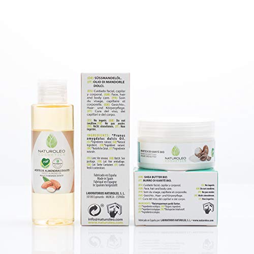 Naturoleo Cosmetics, Aceite Almendras Dulces NAT + Manteca Karité BIO - Pack Cuidado Piel y Cabello - 100 ml + 100 ml