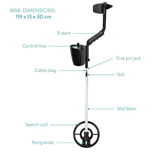 Navaris Detector de Metales portátil - Detector de Metales para Exteriores - con Brazo Extensible y Volumen Ajustable - con medidor de sensibilidad