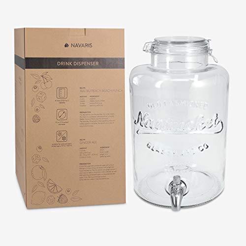 Navaris Dispensador de Bebidas con Grifo 8L - Recipiente de Vidrio con Tapa y Cierre Giratorio de Acero Inoxidable - Agua Jugo Vino Sangria