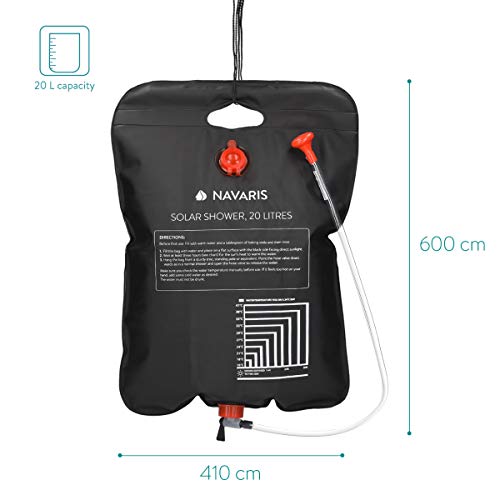 Navaris Ducha Solar para Camping 20 L - Bolsa Plegable para Ducha portátil de Agua Caliente - con alcachofa y Manguera - Senderismo excursiones Surf