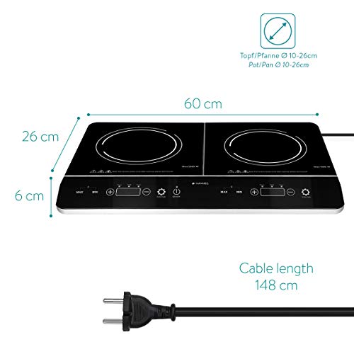 Navaris Placa de inducción portátil - Vitrocerámica 2 Fuegos eléctrica 3500W - Vitro con Control táctil Temporizador y Bloqueo de Seguridad