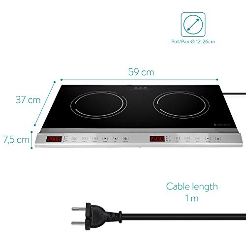 Navaris Placa de inducción portátil - Vitrocerámica de 2 Fuegos con 10 Niveles - Vitro con Control táctil Bloqueo de Seguridad Temporizador - Negro