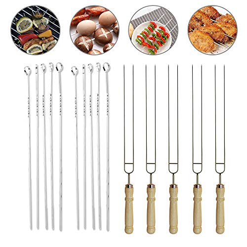 N/D Heiqlay Pinchos Largos Barbacoa, Pinchos Barbacoa Brochetas Barbacoa para BBQ Carne Pollo Frutas (5 Pinchos de Barbacoa Dobles y 10 Pinchos de Barbacoa Individuales, el Total es de 15 Piezas)